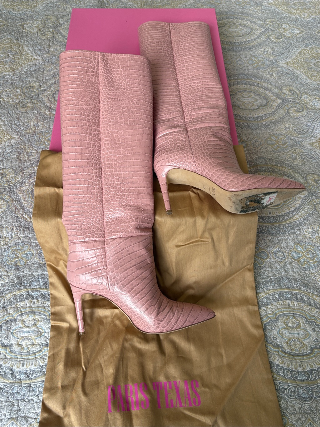 Paris Texas Pink Croc-Embossed 3” Stiletto Boots